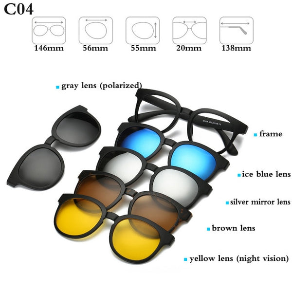Fashion Optical Spectacle Frame Men Women With 5 Clip On Sunglasses Polarized Magnetic Glasses
