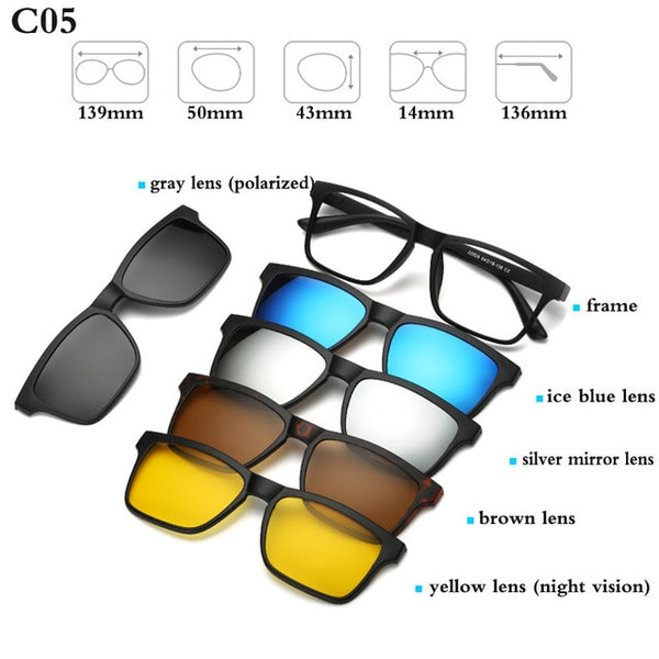 Fashion Optical Spectacle Frame Men Women With 5 Clip On Sunglasses Polarized Magnetic Glasses