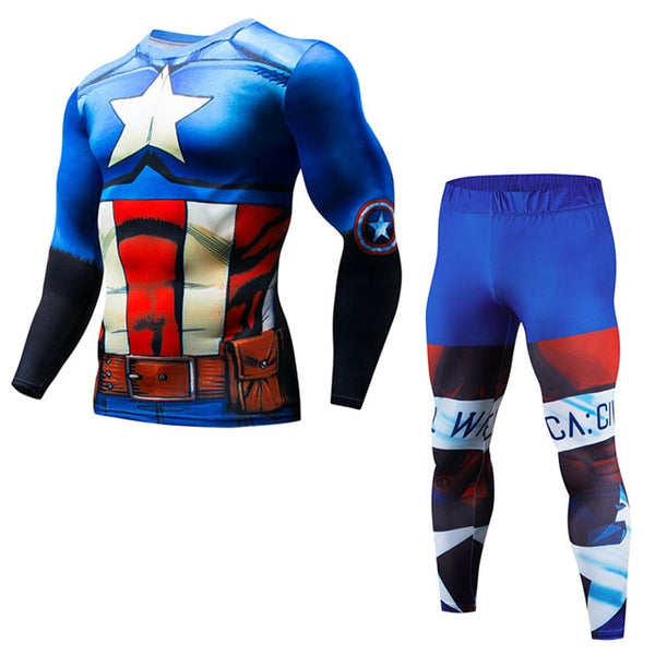 Men's Fitness Running Sets Clothing Superman Tracksuit Set Superman Captain America Sportswear Sets 3D Print Full Compression